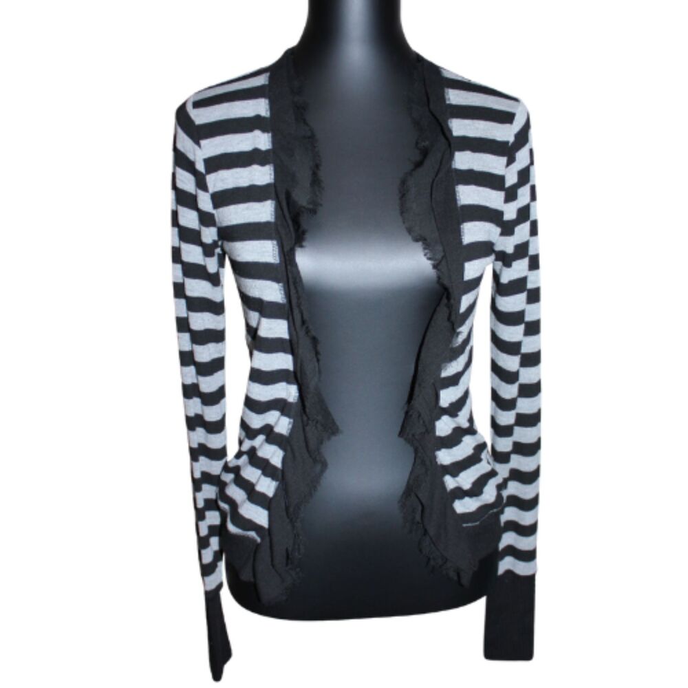 Pure Rebel Grey and Black y2k Emo Goth Style Striped Ruffle Open Cardigan Medium